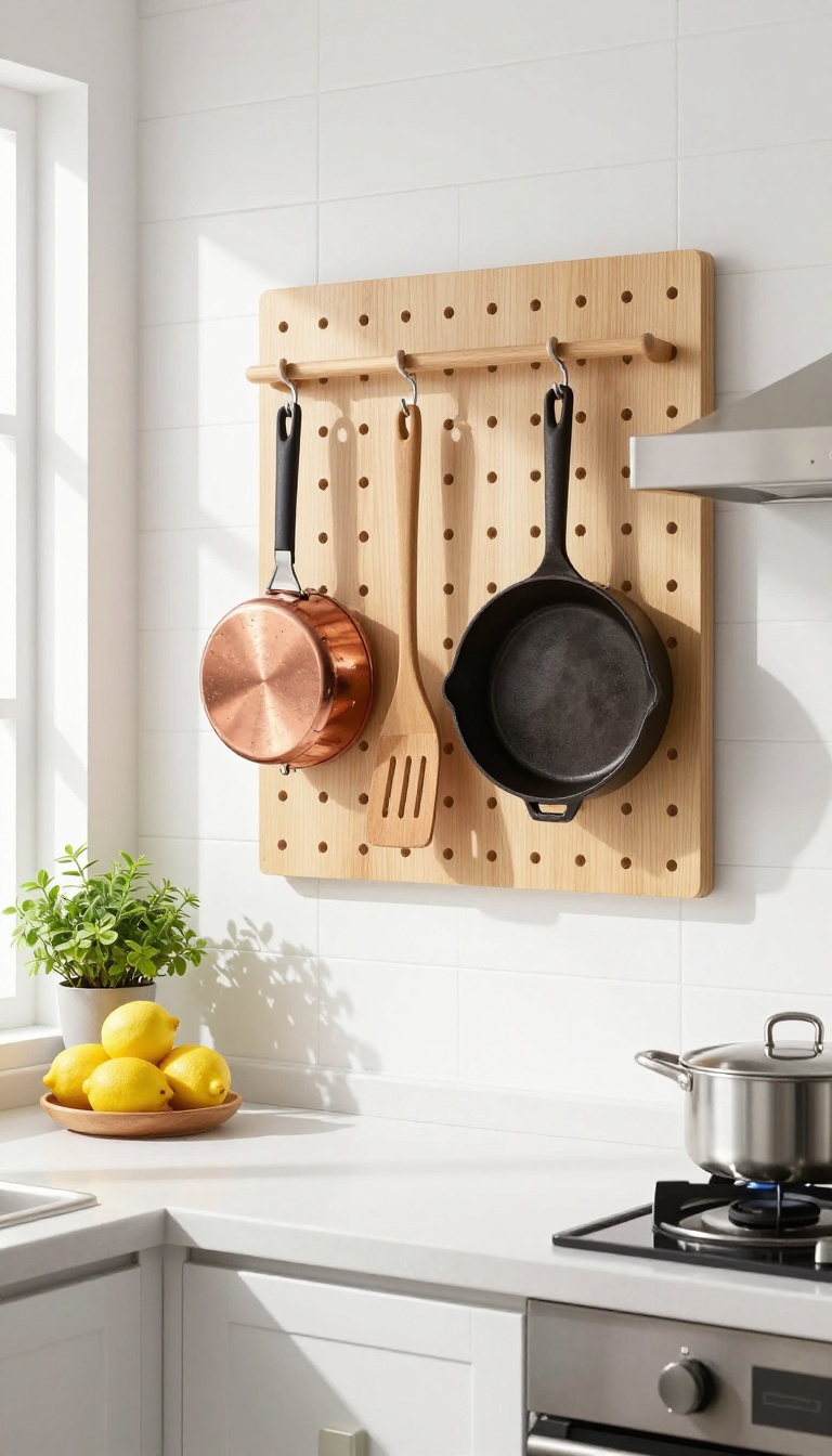 Pegboard holding pots, pans, and utensils in a bright kitchen