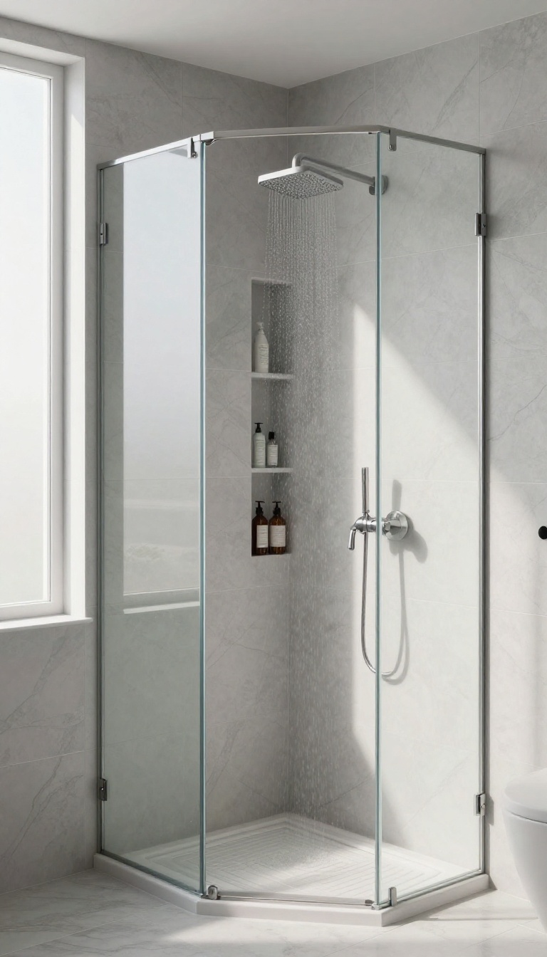 Modern small shower room with a built-in shower niche for storage, featuring neatly arranged toiletries on a recessed shelf.