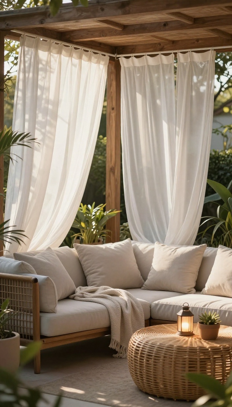 Cozy patio with sheer white outdoor curtains on a pergola, creating a private seating nook with soft natural light.
