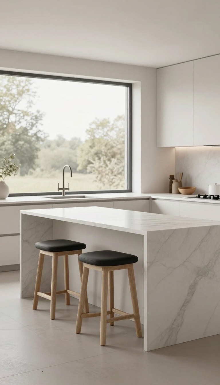 Minimalist waterfall edge breakfast bar in a bright modern kitchen with white marble countertop and simple stools.