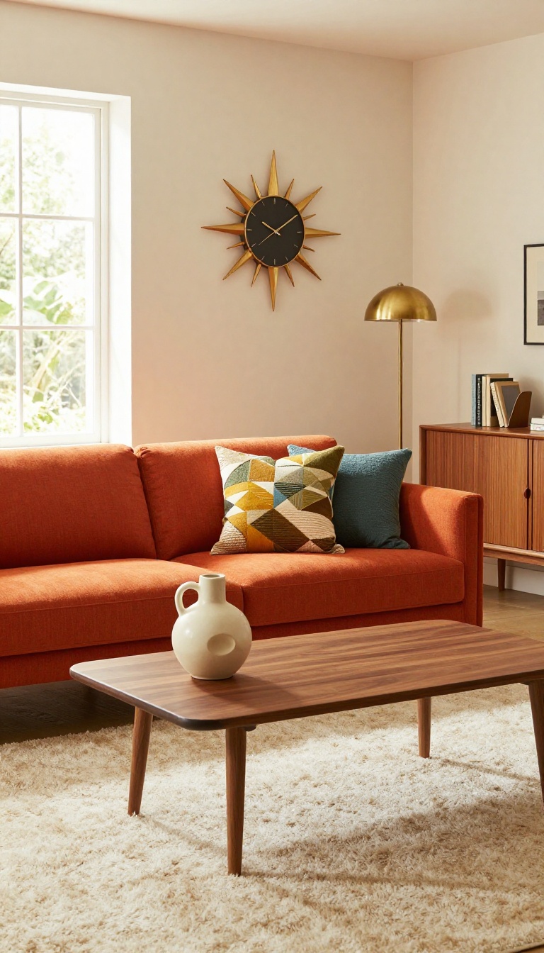 Mid-century modern living room with orange couch, walnut coffee table, starburst clock, geometric pillows, and shag rug in bright natural light