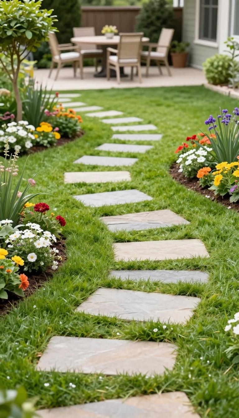 A winding garden path with stone steppers connecting a patio to a seating area, surrounded by flowers and greenery.