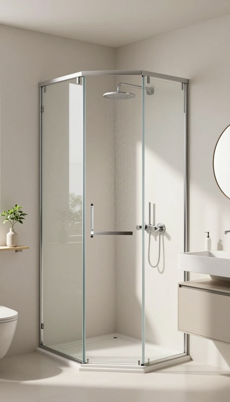 Small bathroom with a corner shower, clear glass, and compact vanity, maximizing space.