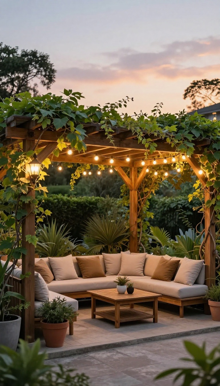 Cozy patio with a wooden pergola covered in climbing vines and string lights, creating a shaded, inviting outdoor living space at dusk.