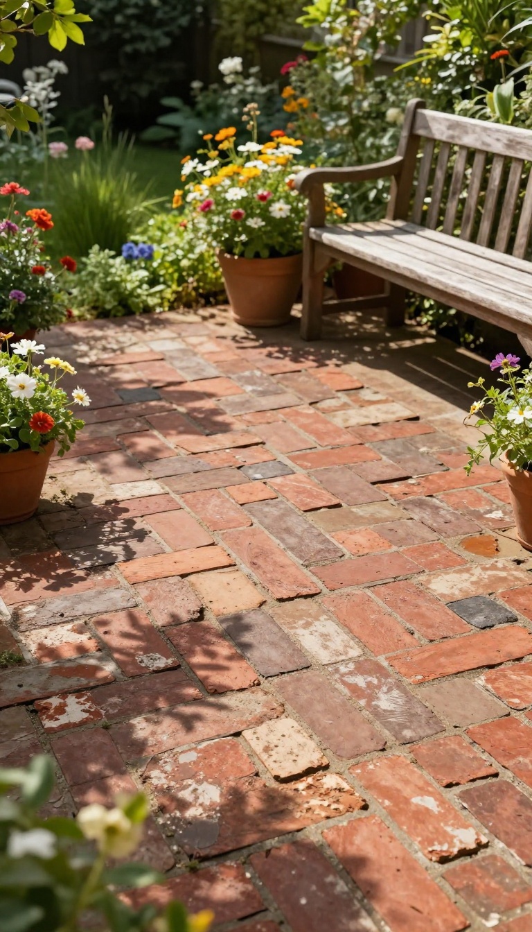 Reclaimed brick patio with aged bricks in herringbone pattern surrounded by garden greenery and flowers