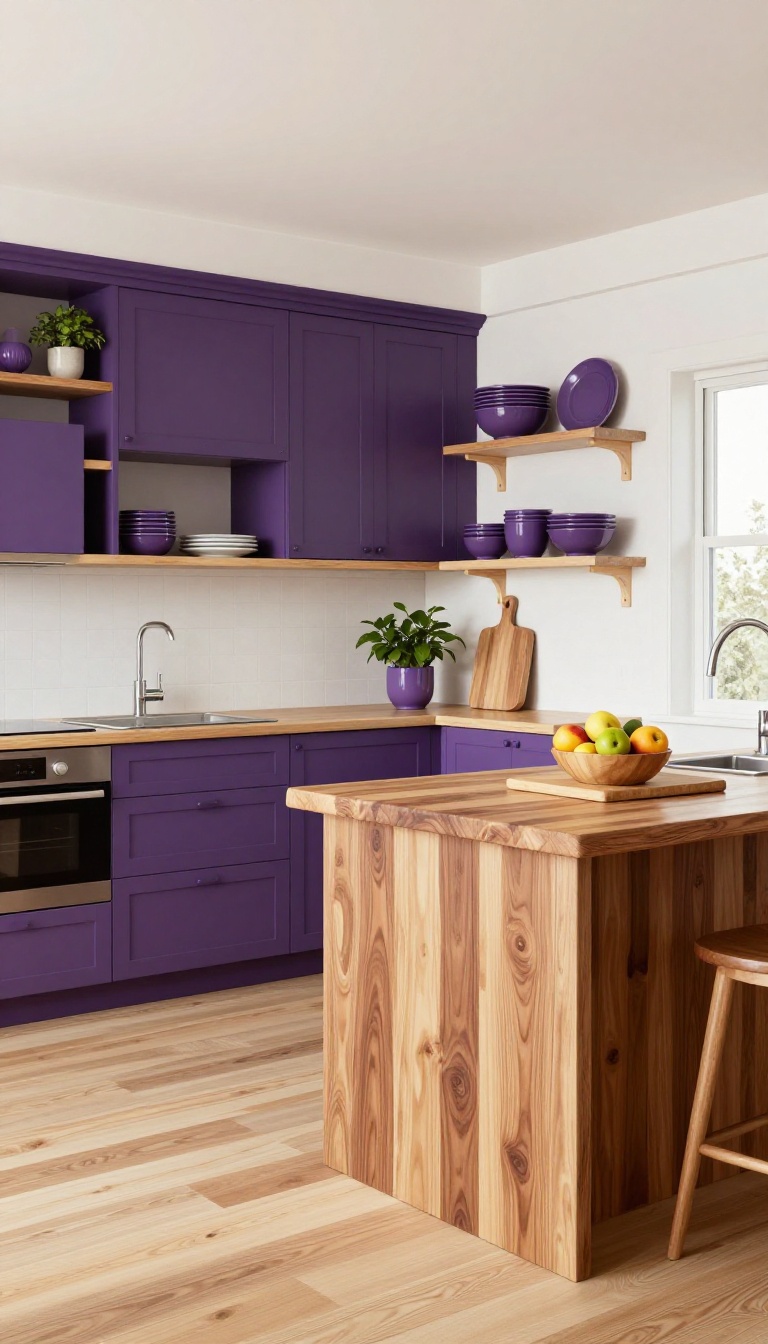 Purple kitchen cabinets paired with natural wood island and open shelving, creating a warm and inviting space.