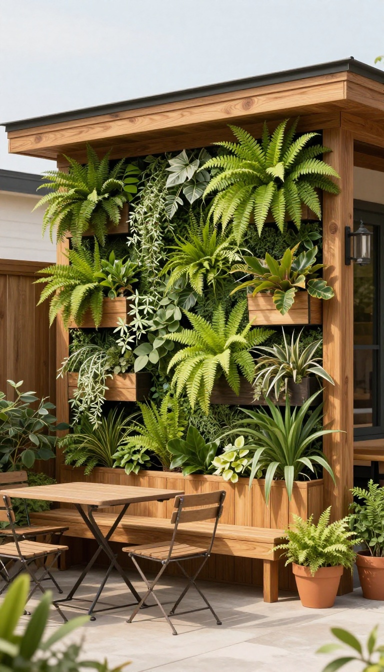 Small patio with a lush vertical living wall of plants on a wooden fence, creating a green focal point.