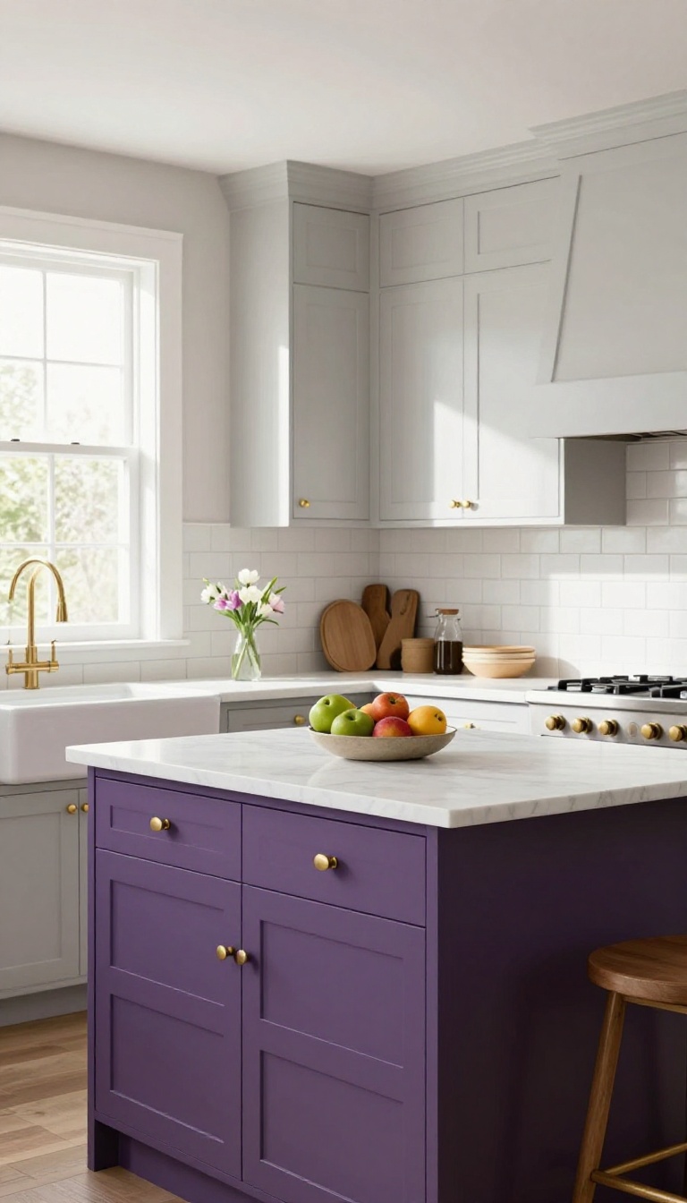 Purple kitchen island with white countertop and brass hardware in a bright, neutral kitchen