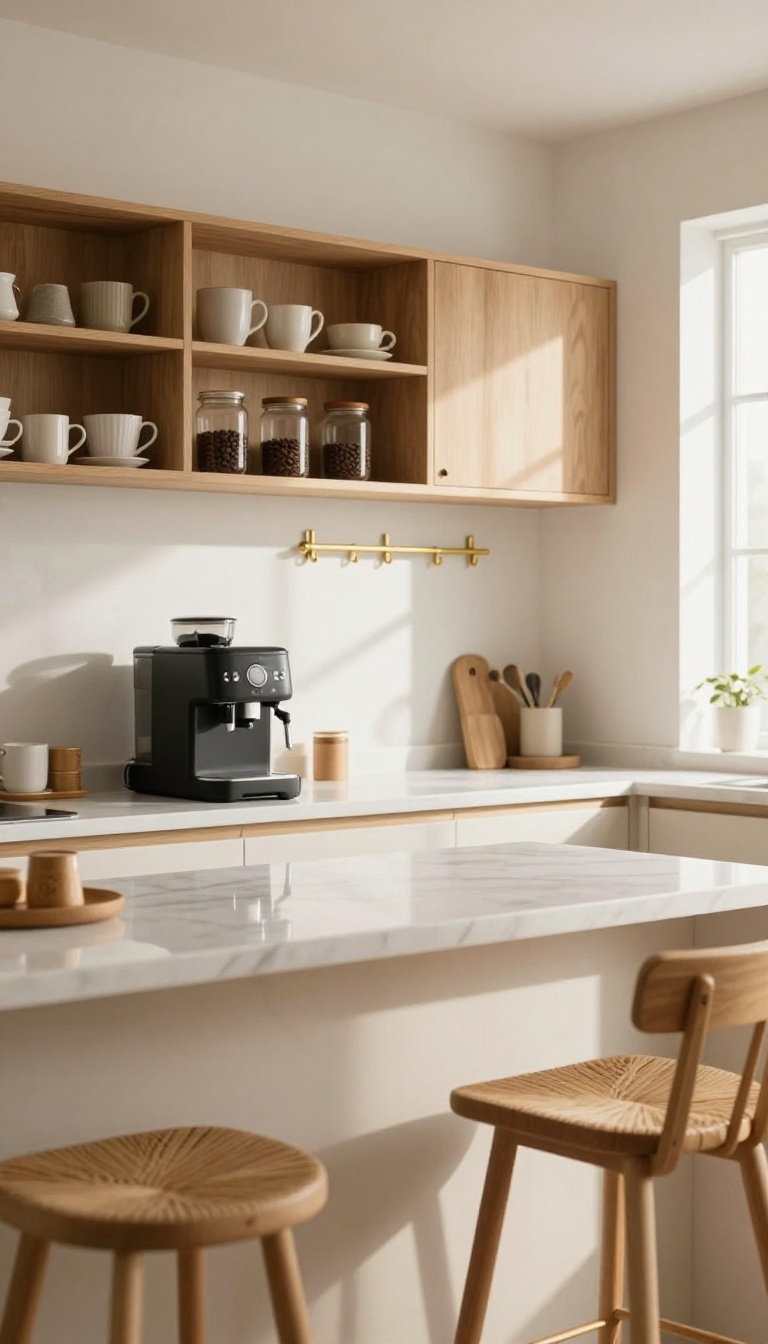 Kitchen breakfast bar with built-in coffee station, marble countertop, wooden shelves with mugs, and espresso machine in natural light.