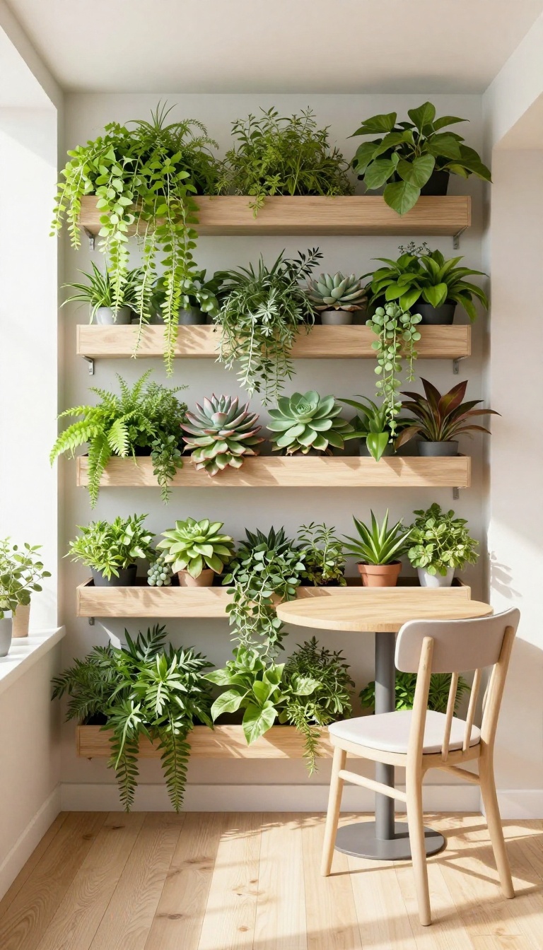 Vertical garden with wall planters on a small apartment patio, featuring a variety of plants and a bistro table.