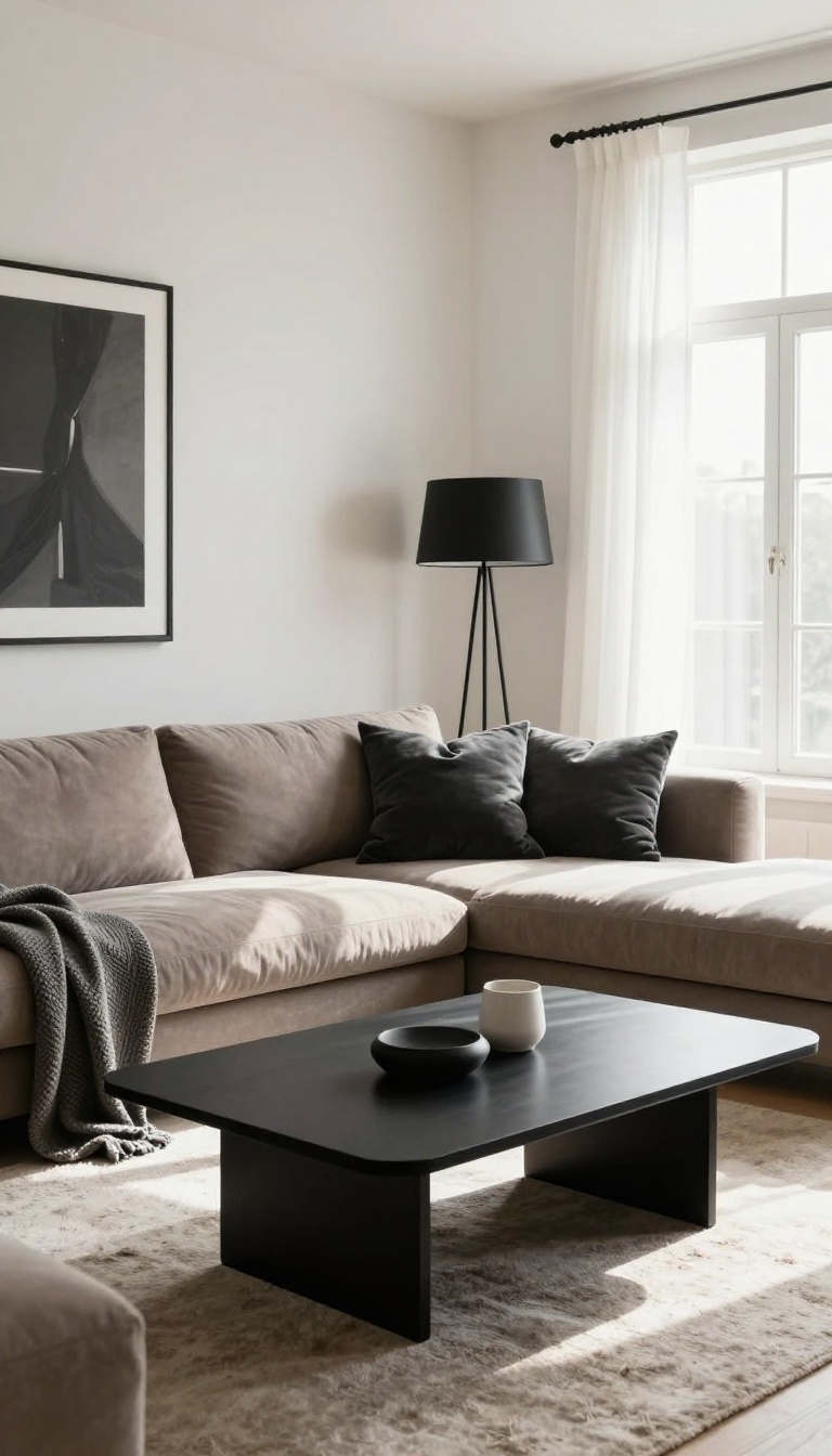 Taupe sofa with dark accents including black coffee table, charcoal pillows, black floor lamp, and black-framed gallery wall in a bright, cozy living room.