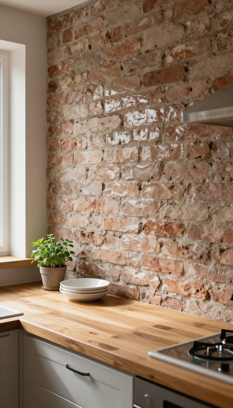 Sealed brick wall in a cozy kitchen with natural light, wooden countertops, and a farmhouse sink