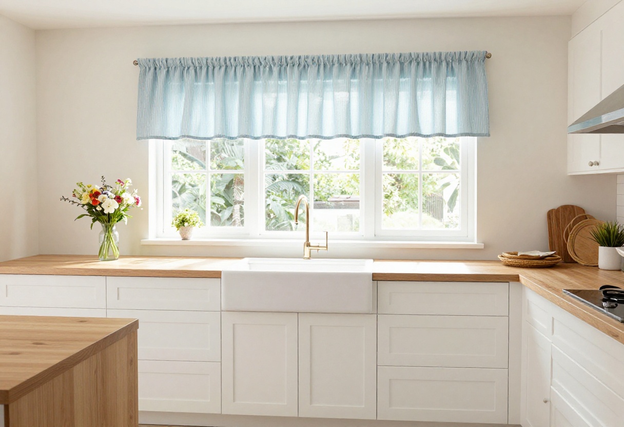 Kitchen window with a blue and white patterned valance above the sink