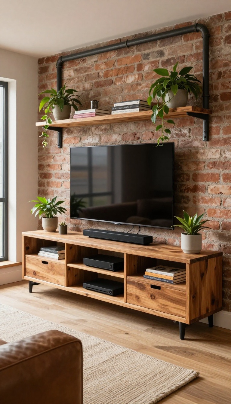 Industrial pipe and wood entertainment center with TV and shelves in a brick-walled living room