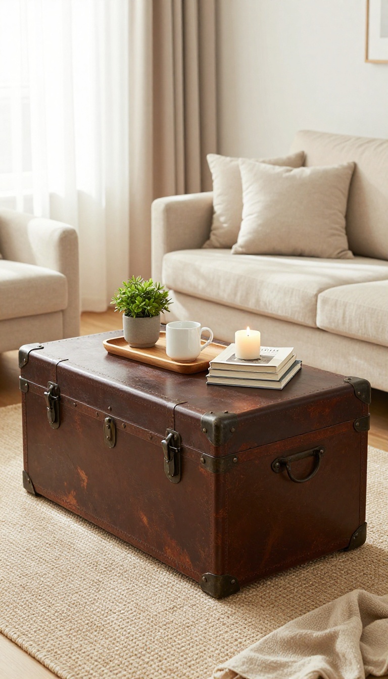 Vintage trunk as coffee table in a bright living room with books, plant, and candle