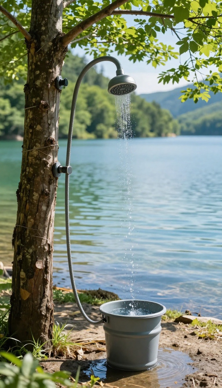 Hand pump shower setup at a lakeside campsite, with a pump, hose, and bucket, and shower head hanging from a tree branch.