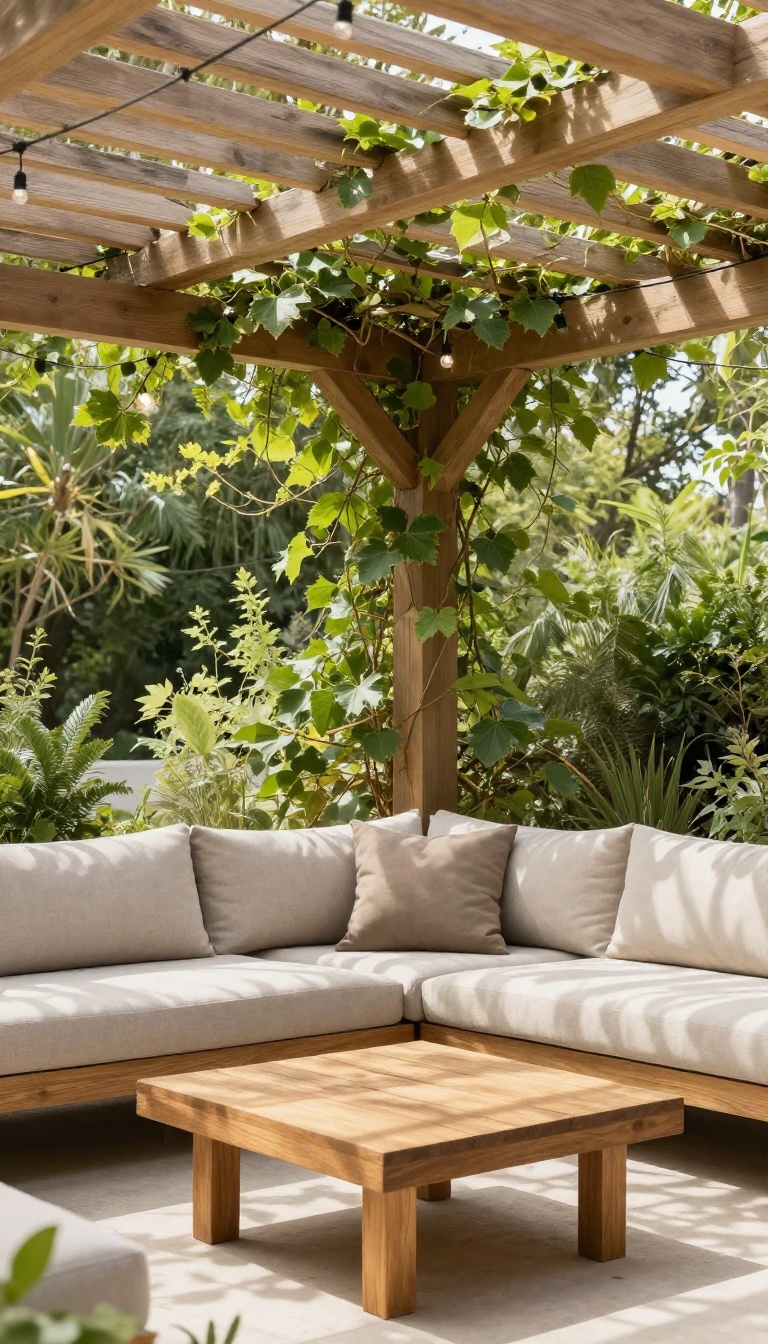 A patio with a wooden pergola covered in vines, providing shade over a comfortable seating area with string lights.
