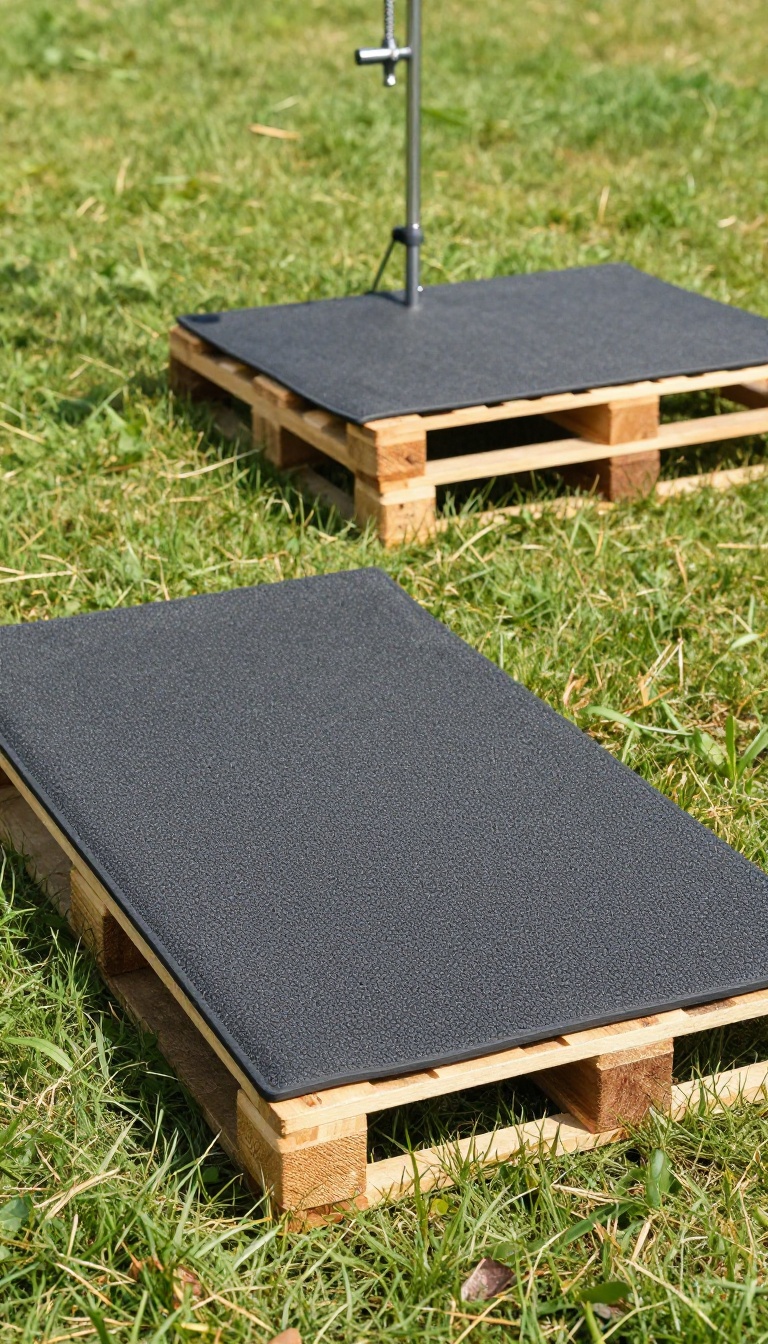 DIY camping shower mat on grass at a campsite with a pallet and rubber mat, near an outdoor shower setup.