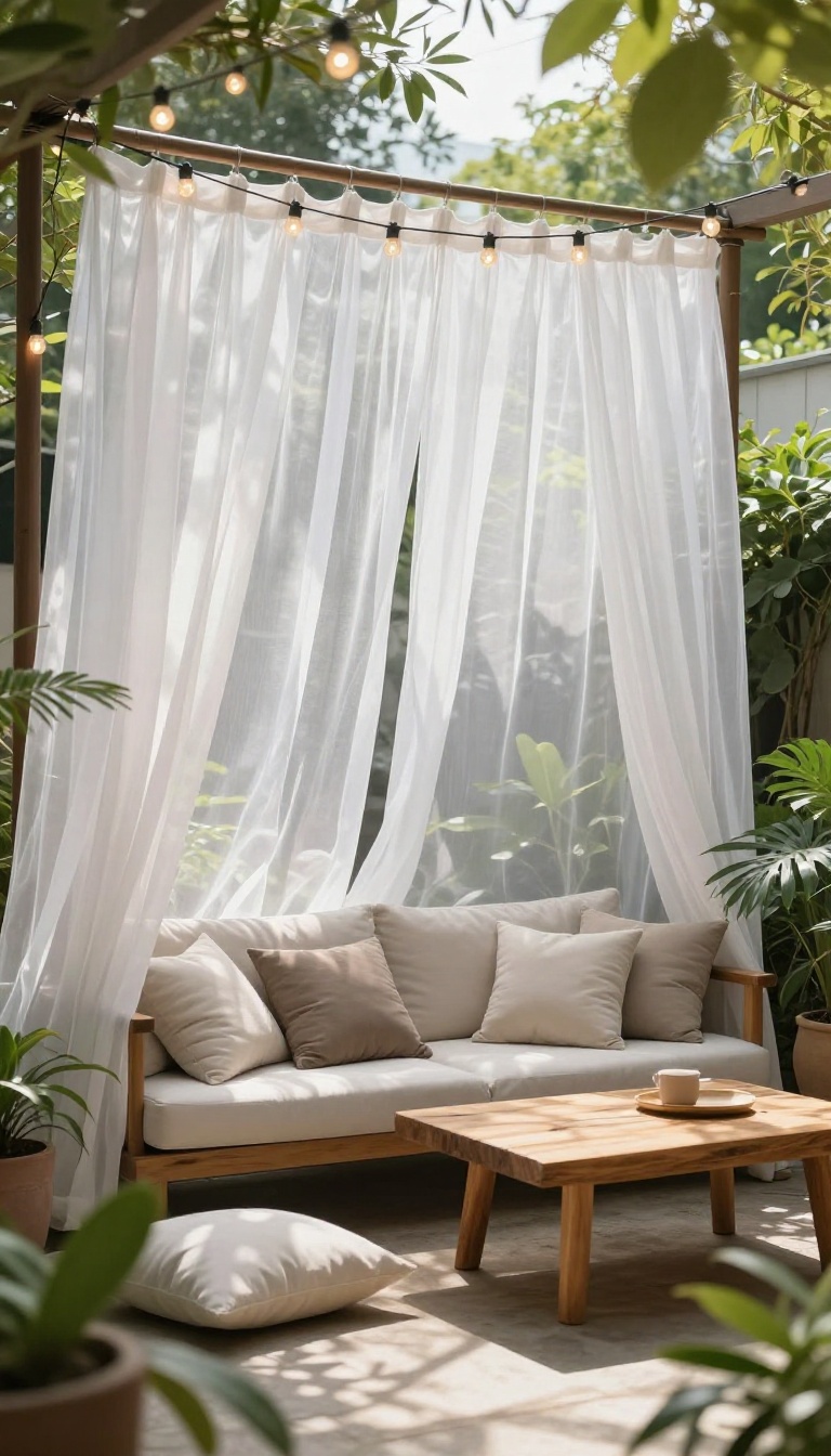 Outdoor patio with white curtains for privacy and a cozy seating area