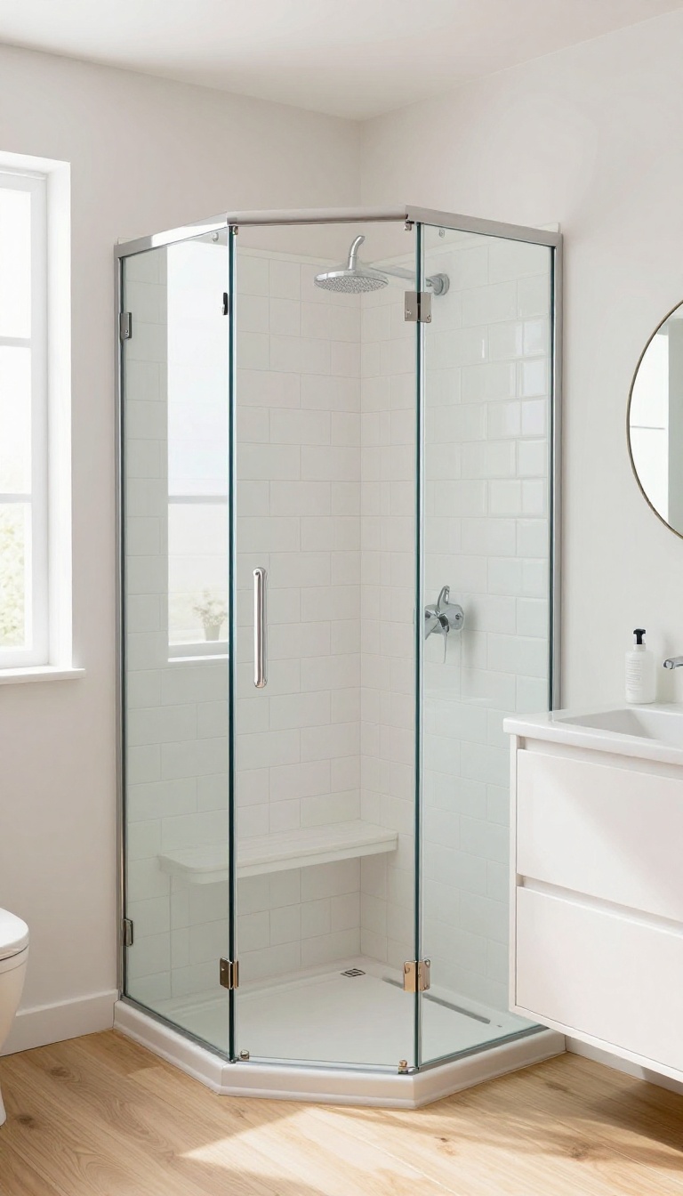 Compact bathroom with a corner shower unit featuring glass doors and a bench, maximizing floor space