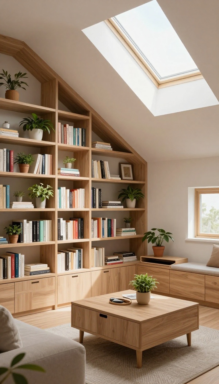 Attic living room with built-in shelves along the sloped ceiling, storage ottoman, and window seat with hidden storage, bright and organized.