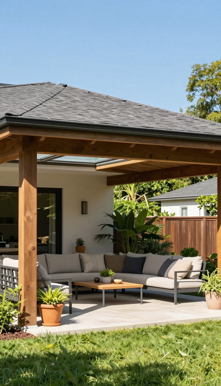Solid roof extension patio cover with skylight and outdoor furniture