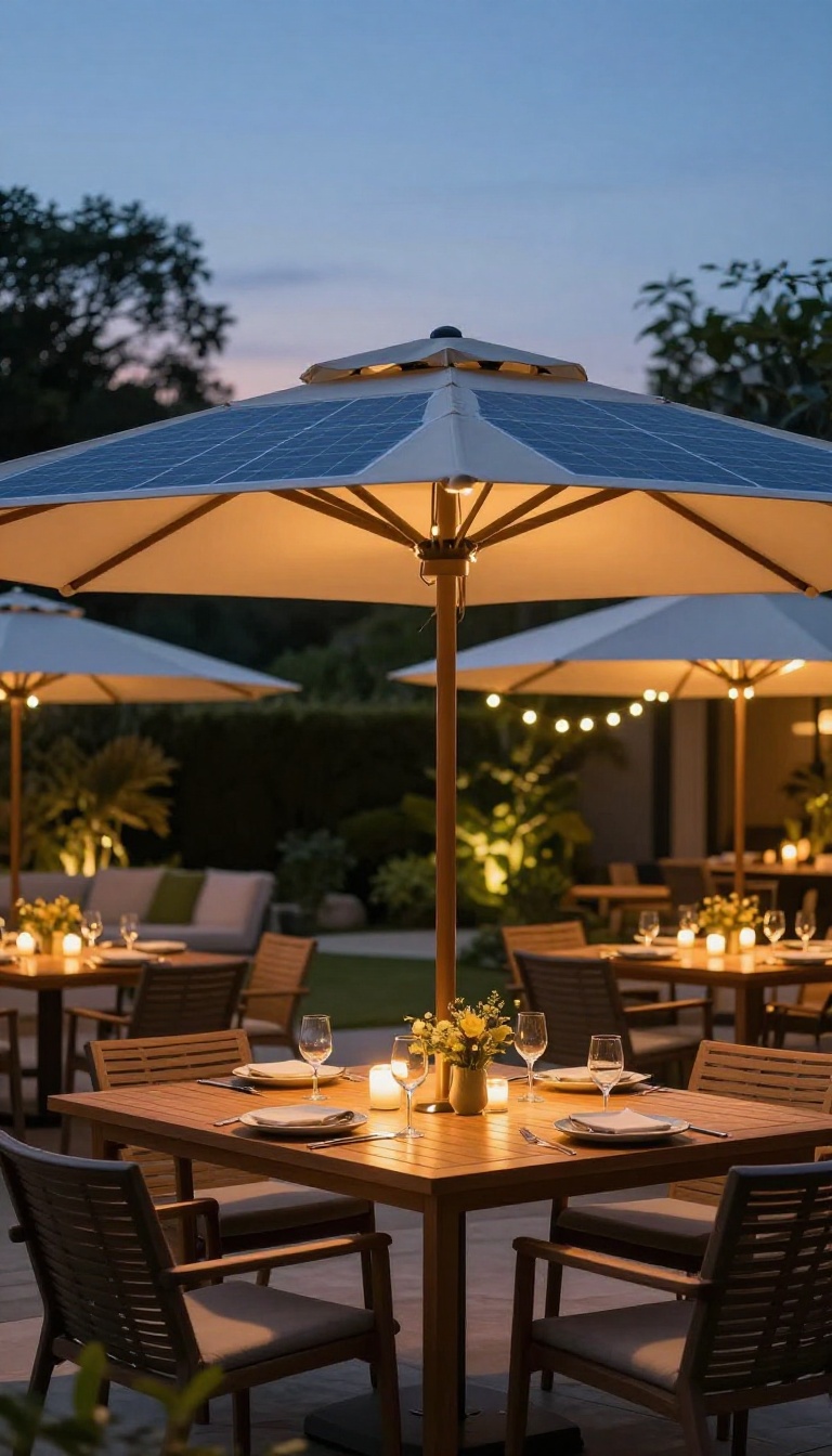 A solar-powered patio umbrella glowing with warm LED lights at dusk, illuminating an outdoor dining area.