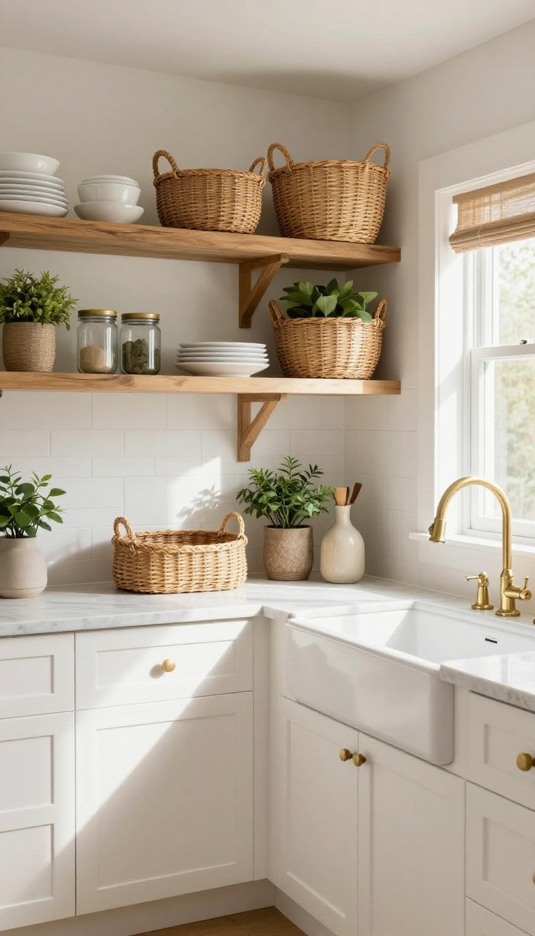 Modern farmhouse kitchen with open shelving and woven baskets for hidden storage