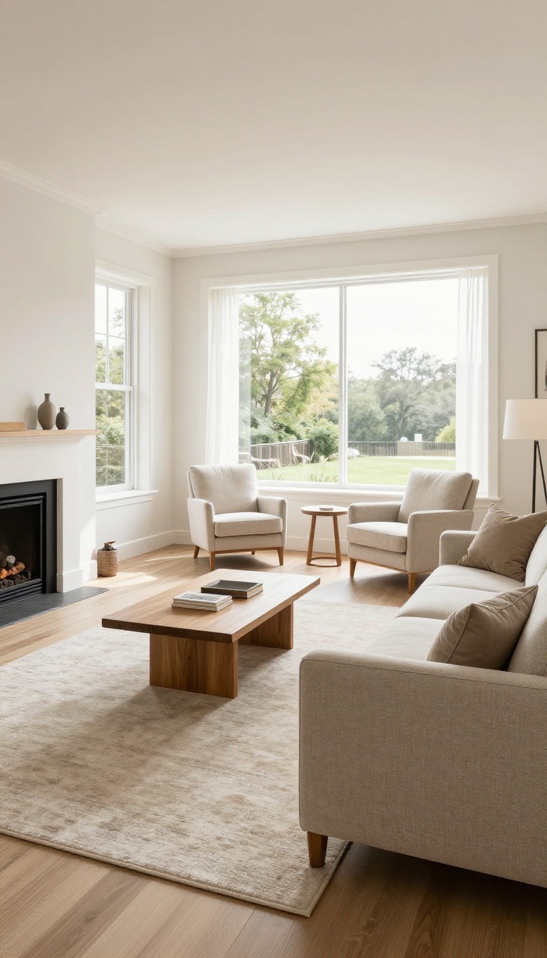 Living room with defined conversation and reading zones, featuring a central seating area anchored by a rug and a cozy reading nook by the window, with clear walkways for flow.
