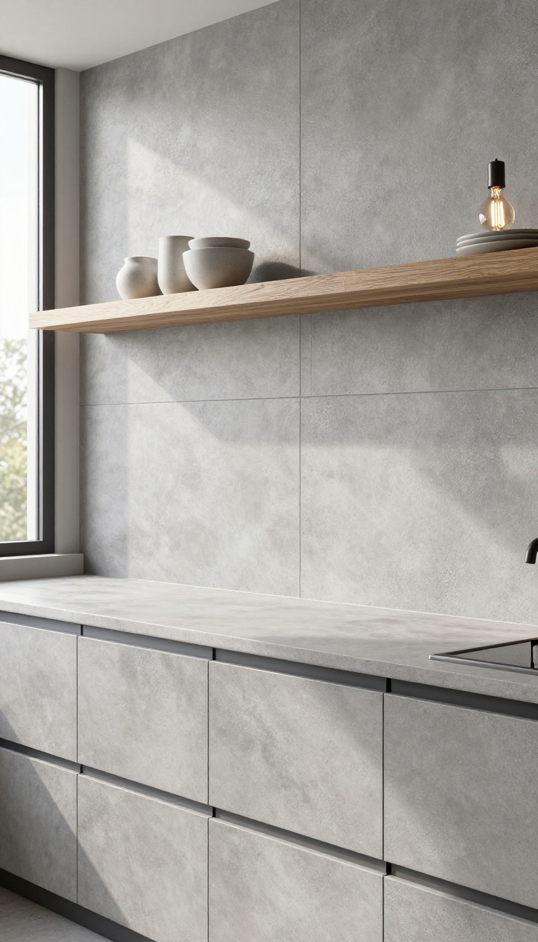 Modern kitchen with concrete-look tile backsplash, black fixtures, and wood shelving in natural light.