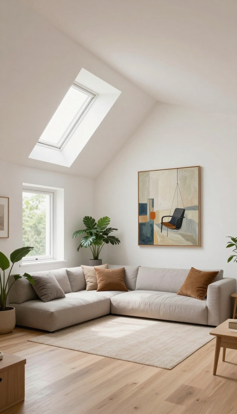 Attic living room with sloped ceilings, low furniture under the slants, and a focal point at the peak, bathed in natural light.