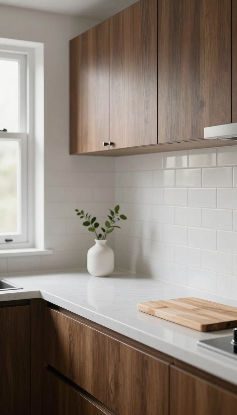 Dark wood kitchen cabinets with white quartz countertops and a white subway tile backsplash, brightened by natural light.