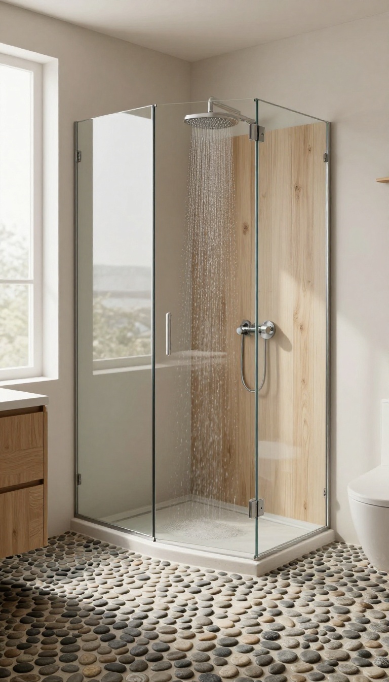 Walk-in shower with pebble tile floor for a massaging effect in a spa-like bathroom.