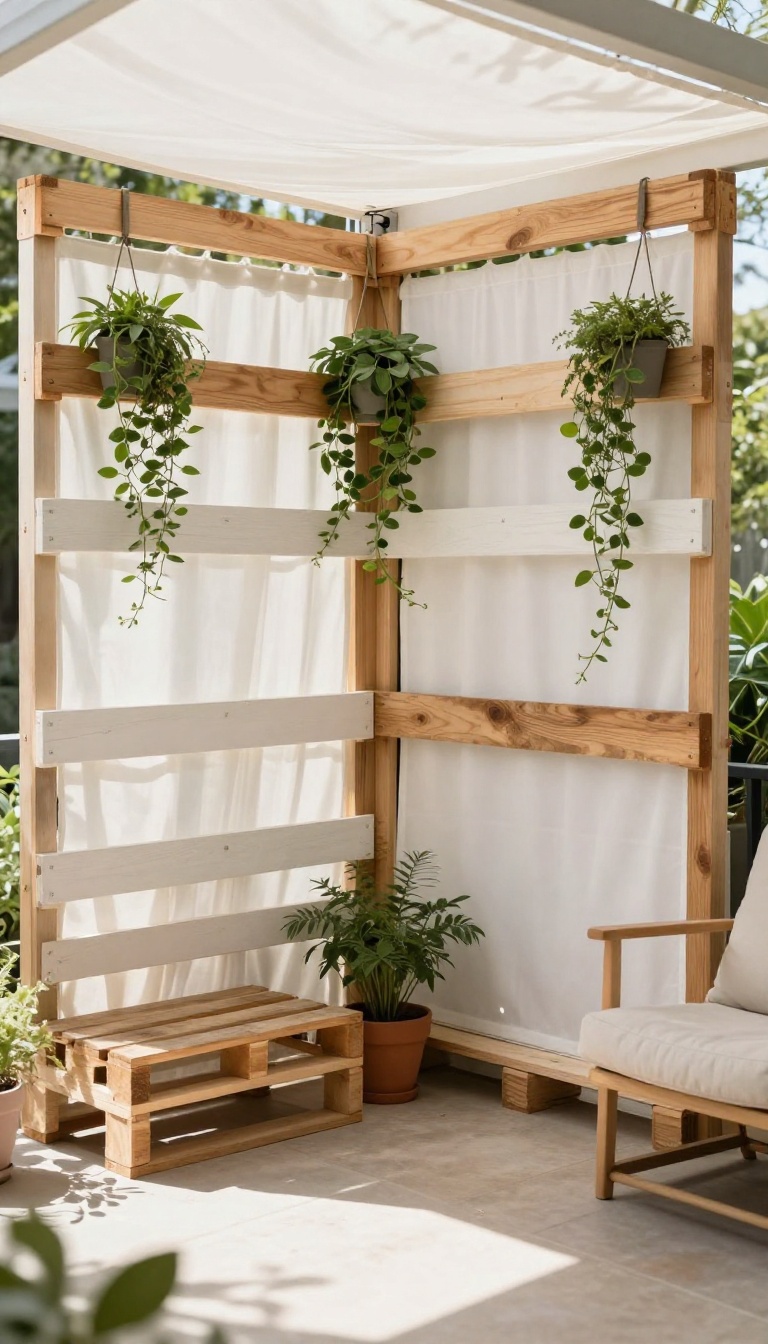 DIY pallet shade wall on a patio with plants and fabric for shade