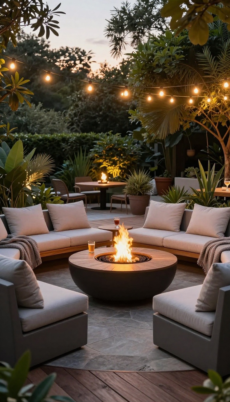 Cozy patio fire pit lounge area with seating and warm lighting at dusk