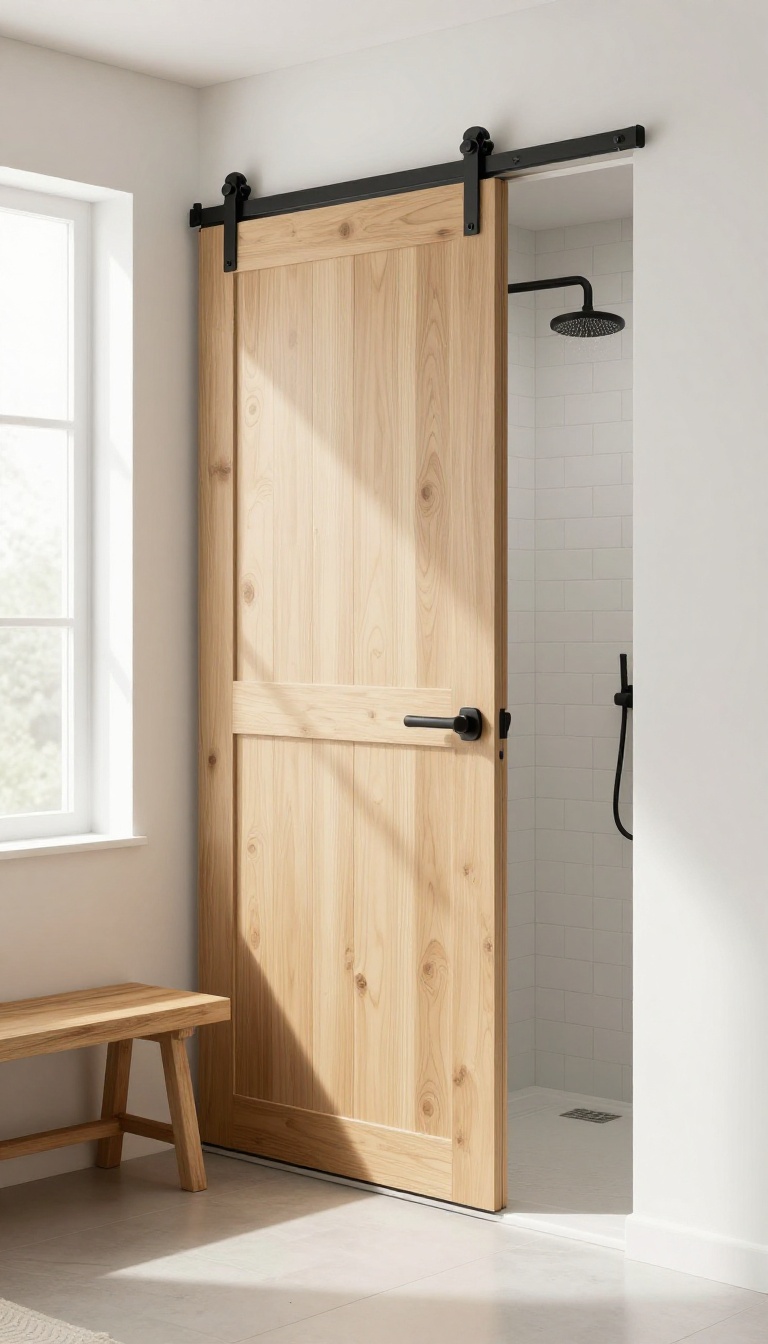 Modern farmhouse bathroom with a sliding barn door shower enclosure