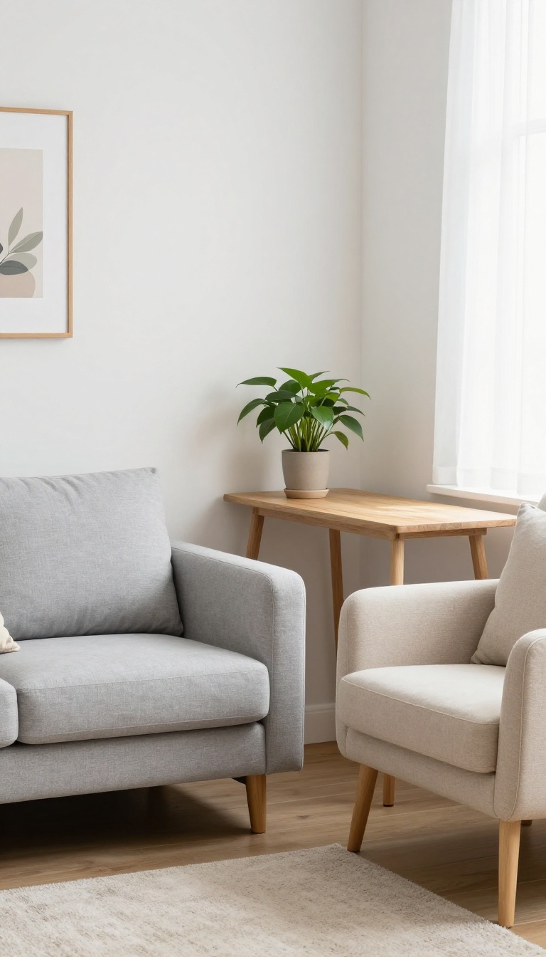 Small living room with a loveseat, accent chair, and console table in bright natural light