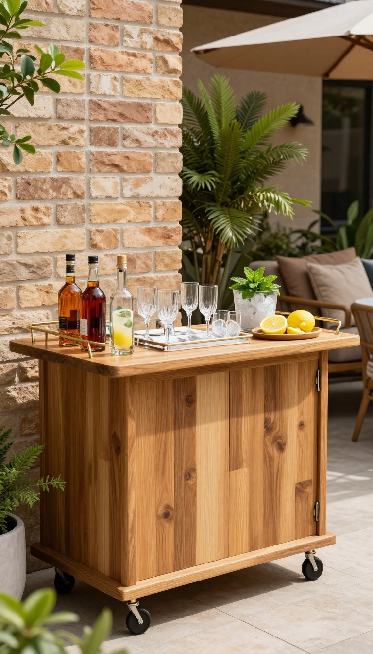 Outdoor bar cart on a patio with drinks and glassware, styled for entertaining