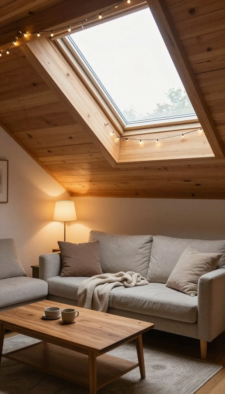 Cozy attic living room with dimmable lighting and warm ambiance