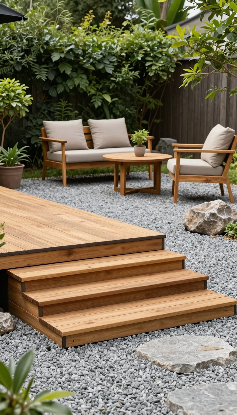 A low floating wooden deck seamlessly connected to a gravel patio with seating and boulders in a bright backyard