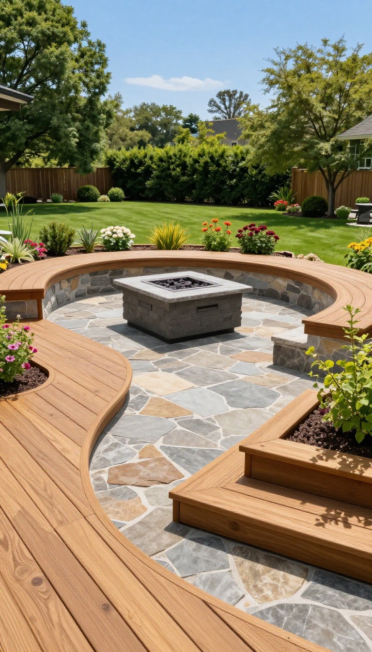 Wrap-around deck transitioning into a stone patio with fire pit and seating