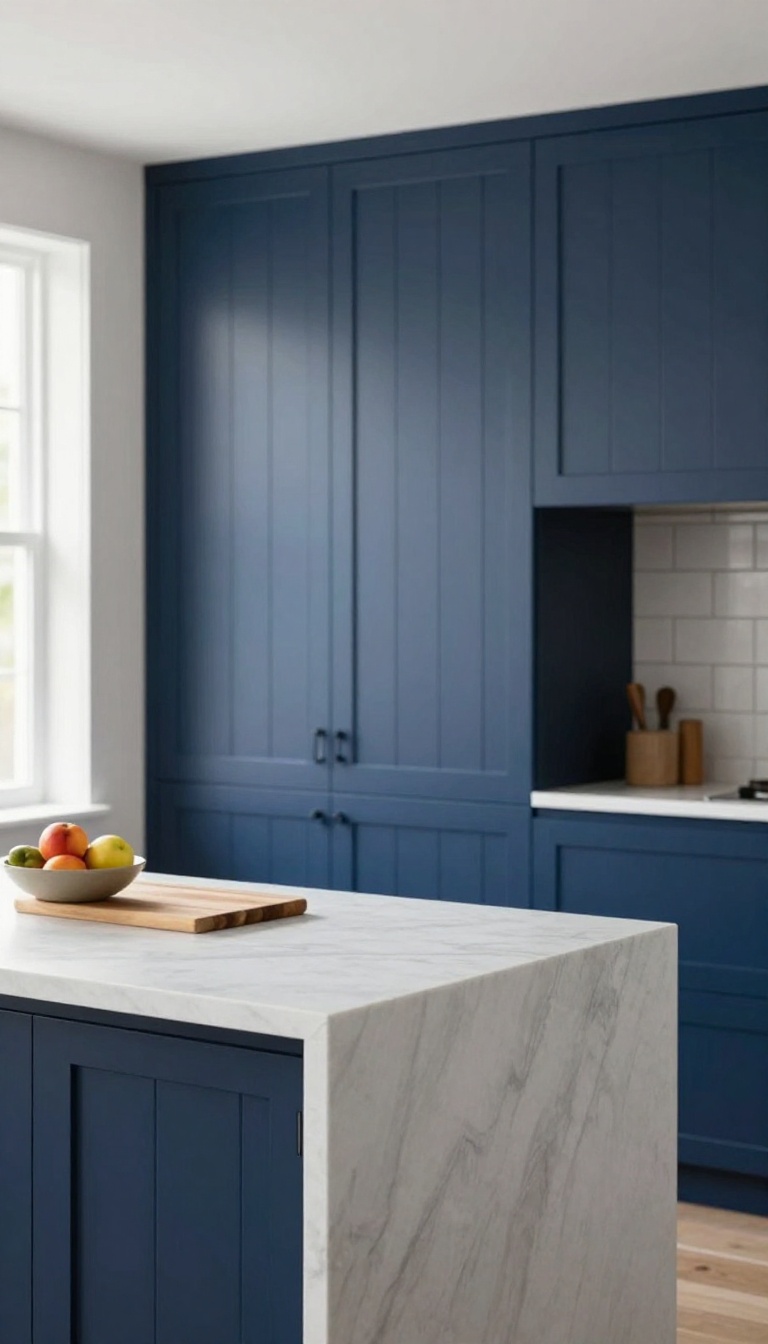 Kitchen island with vertical board and batten paneling in navy blue, styled with natural light and minimal decor
