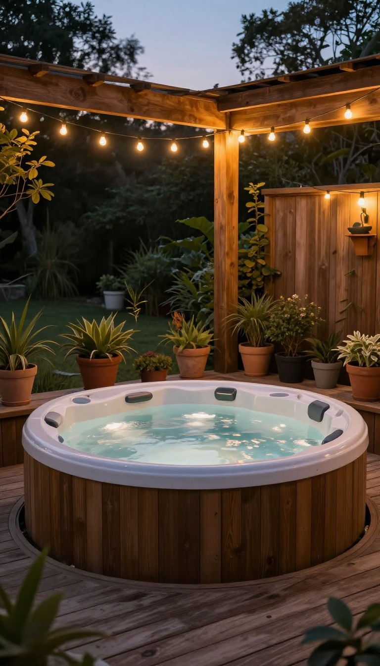 Cozy hot tub patio with warm string lights at dusk