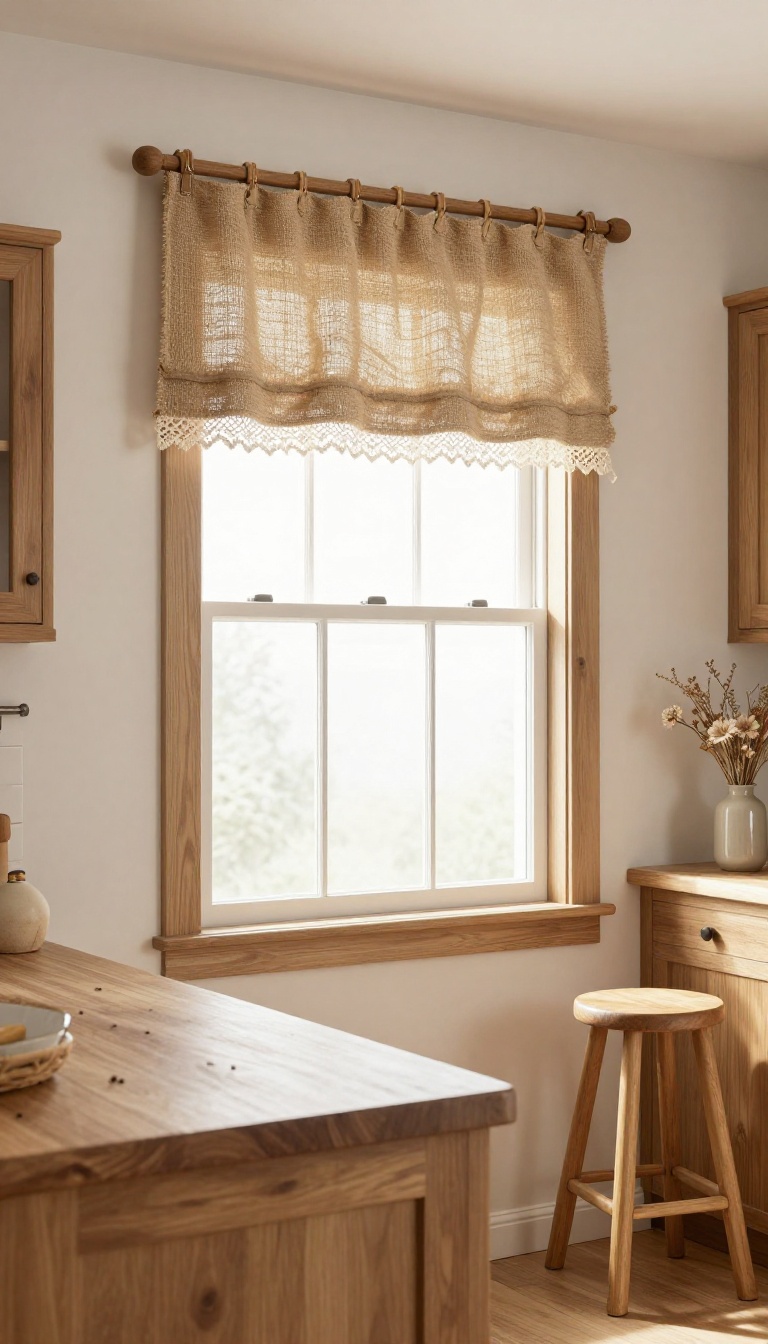 Rustic burlap valance over a kitchen window in a farmhouse-style kitchen with wood cabinets and butcher block countertop.