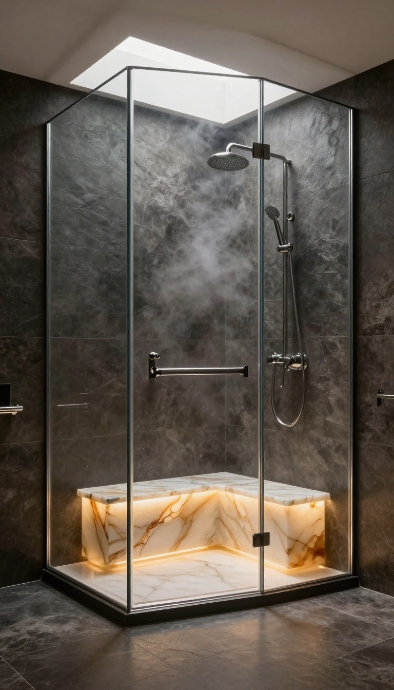 Floating onyx bench with under-lighting in a luxurious walk-in shower