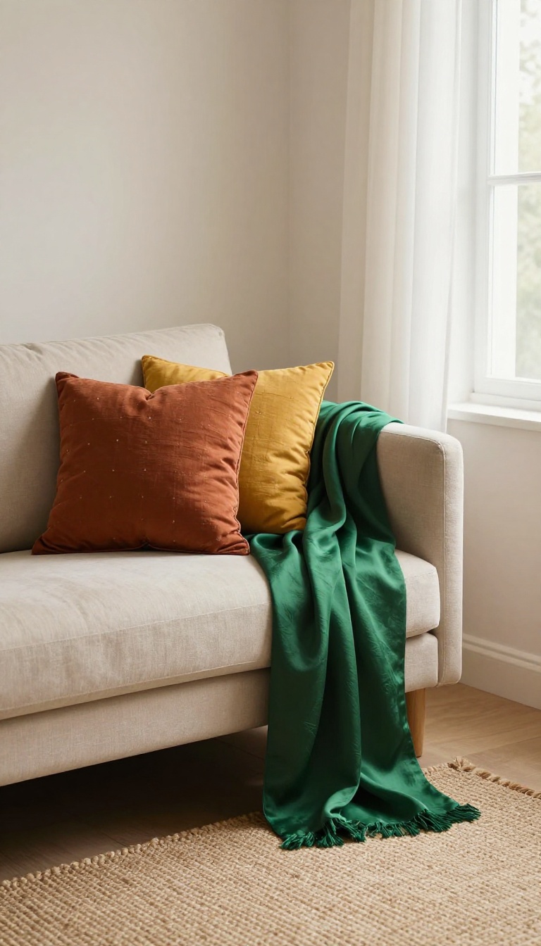 Small Indian living room with jute rug, block-printed cushions, and silk throw in natural light