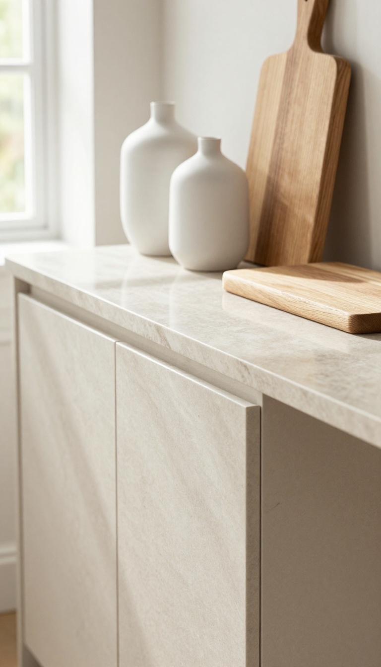 A kitchen sideboard with a natural stone top, styled with ceramic vases and a wooden cutting board, in bright natural light.