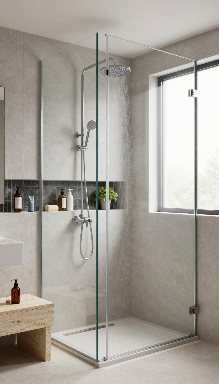 Modern standup shower with built-in niche shelving for toiletries, featuring contrasting tile and natural light.