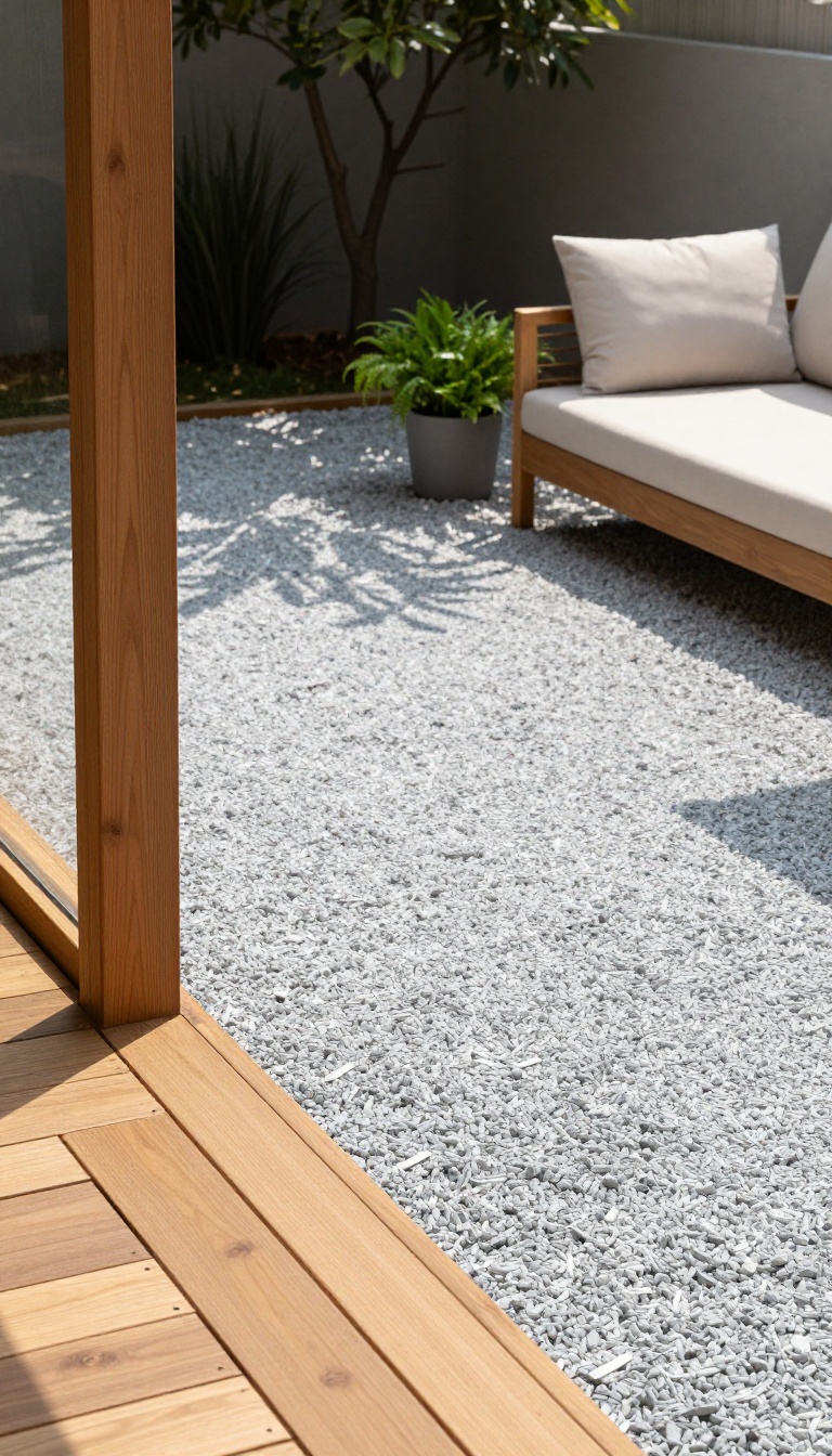 Gravel patio with wooden deck border, outdoor living inspiration