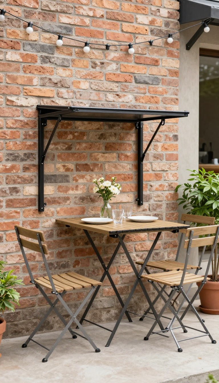 Small patio with a wall-mounted folding table set for dining, flanked by folding chairs and decorated with string lights and a potted plant.